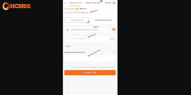 Thực hiện điền thông tin rút tiền được HCM66 yêu cầu